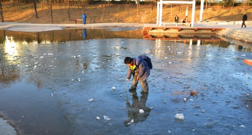 商洛：在湖面薄冰上玩耍 危险！