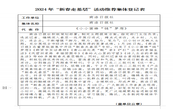 商洛日报社推荐参评 2024年“新春走基层”活动先进集体、先进个人和优秀作品评选结果的公示