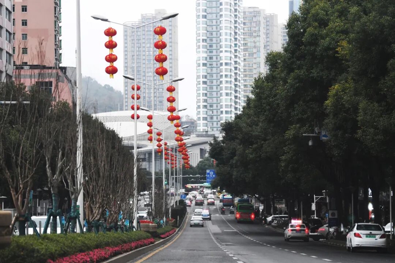 2月9日，新华路灯杆上悬挂的大红灯笼格外醒目。